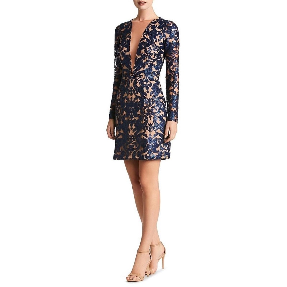 Dress The Population Claudia Plunging Illusion Sequin Lace Minidress Blu…